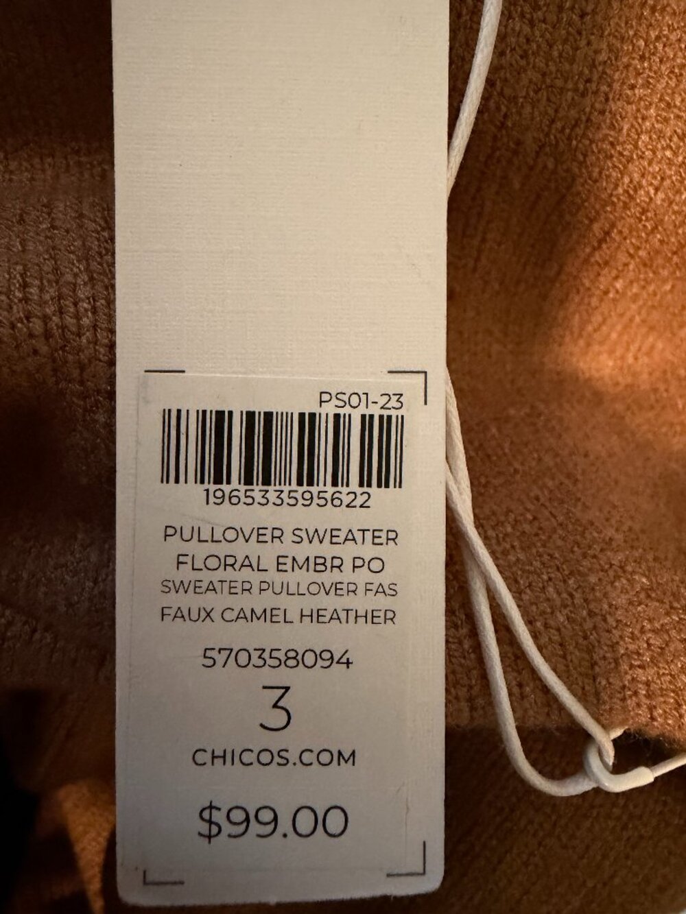 NWT Chicos embroidered sweater-camel with embroidered flowers Chicos size 3-ExLG - Picture 2 of 5
